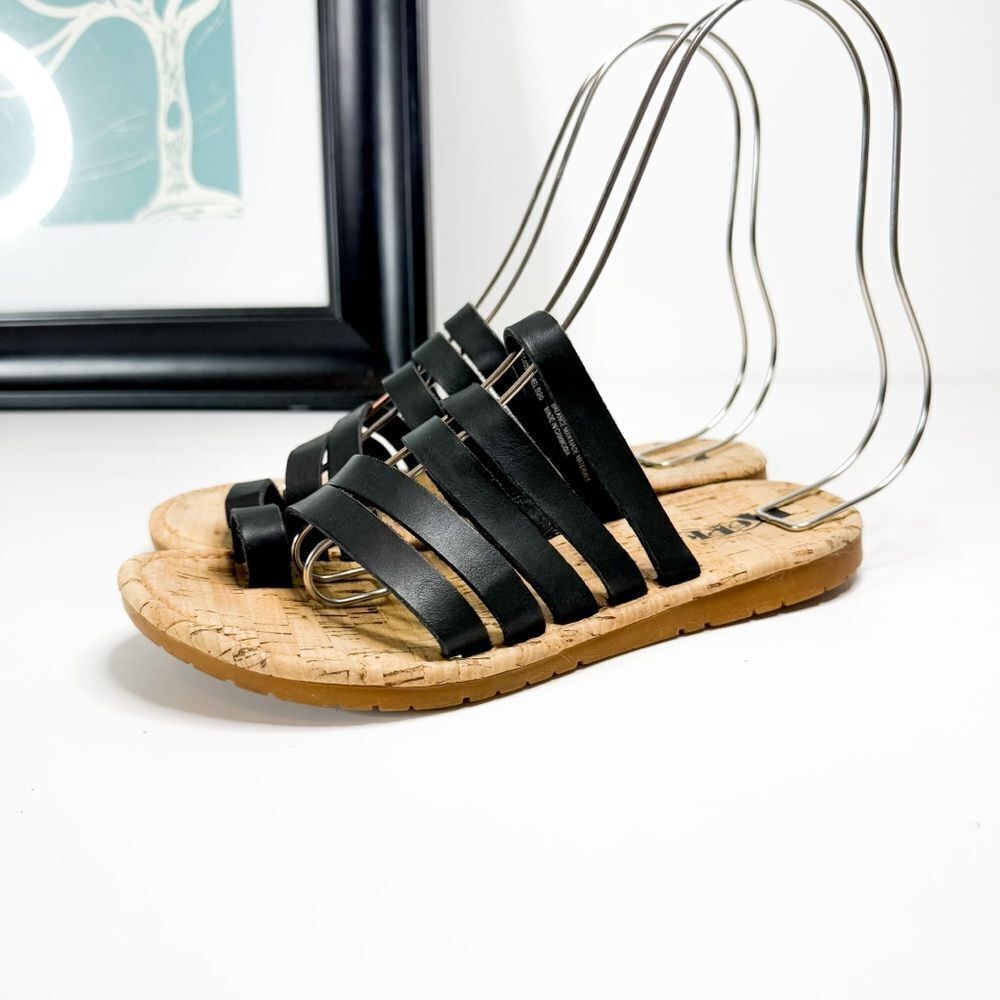 Korks by Kork-Ease • Women’s Black Strappy Sandals Cork Footbed & Toe Loop Sz 6